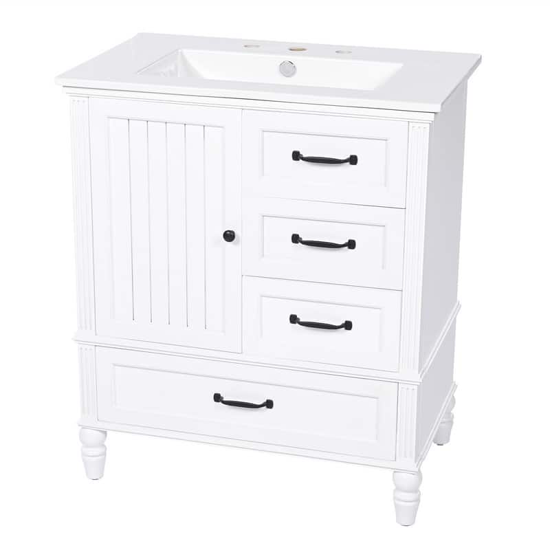 30" Bathroom Vanity with Ceramic Sink Top, Modern Bathroom Storage Cabinet with 1 Door, 3 Drawers and Solid Wood Legs