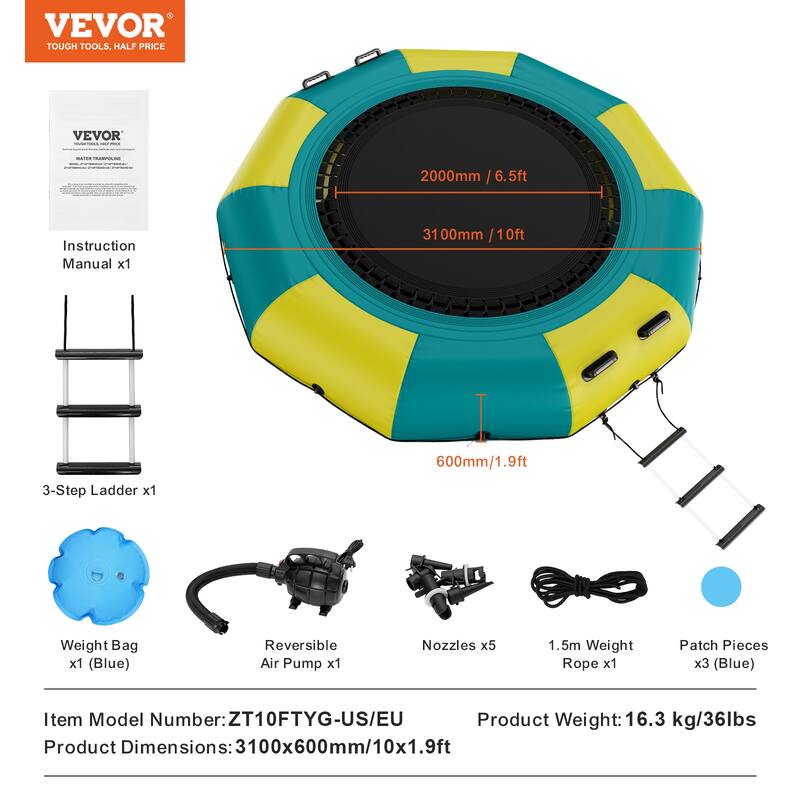 VEVOR Inflatable Water Bouncer, 10ft Recreational Water Trampoline,, Kids Adults Floating Rebounder for Pool, Lake, Water Sports