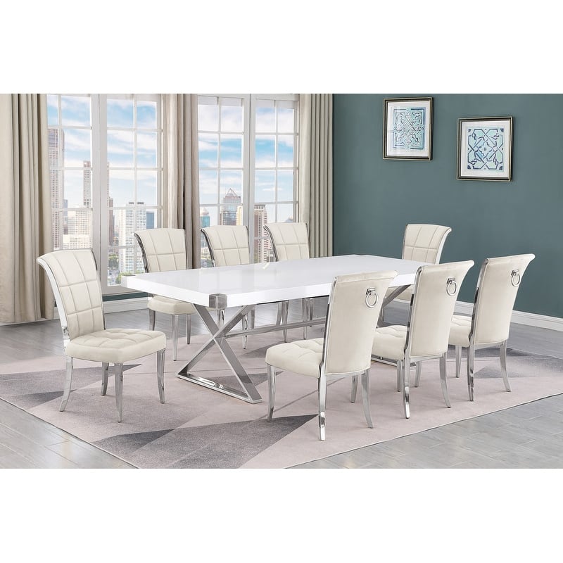 Best Quality Furniture D442/3-SC320-7 Dining Set with 94" White Lacquer Wood Top - 9-Piece - Cream / Silver