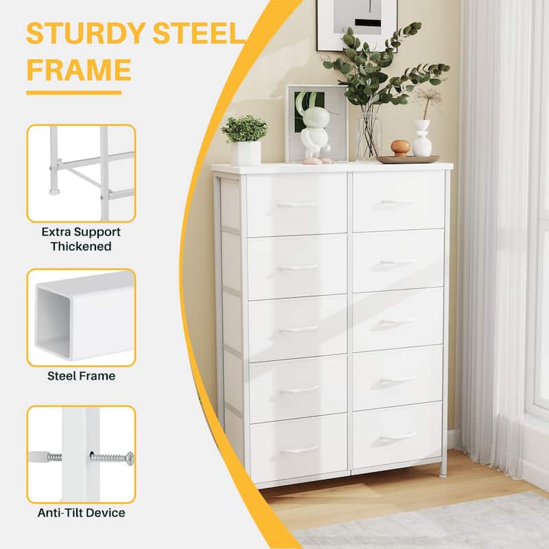 Dresser for Bedroom, 10 Storage Drawers, Anti-Tip Tall Fabric Closet Chests Organizer Tower Furniture Wooden Top Metal Frame