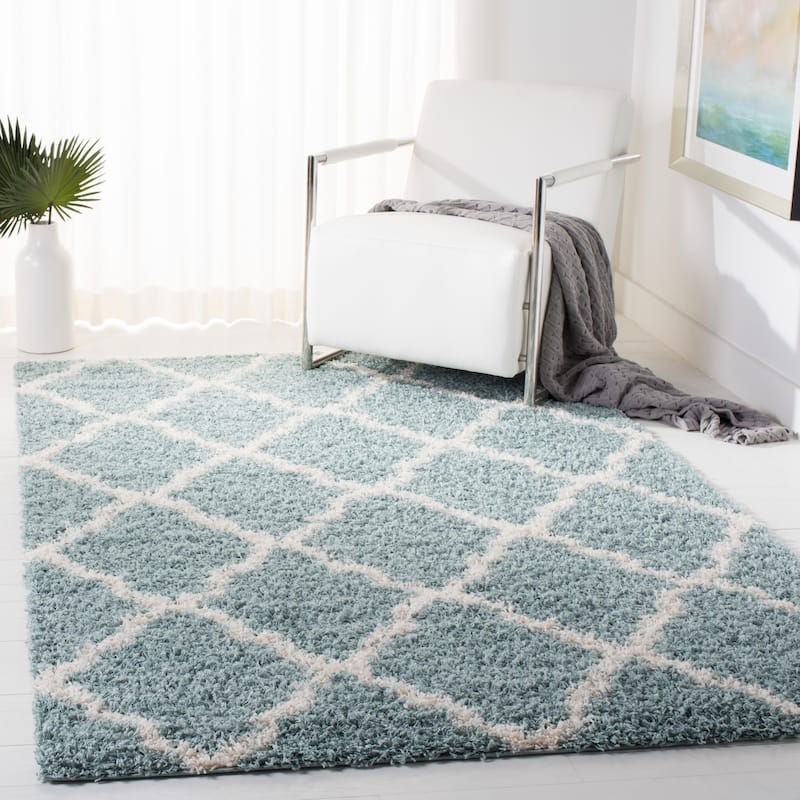 SAFAVIEH Dallas Shag Hacer Trellis 1.5-inch Thick Rug - 6'  x  6' - Seafoam/Ivory - Runner/Square