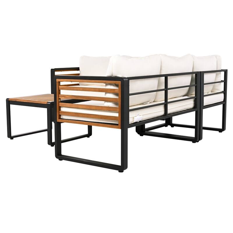 4-Piece L-Shaped Acacia Wood & Iron Patio Sectional Set For 5