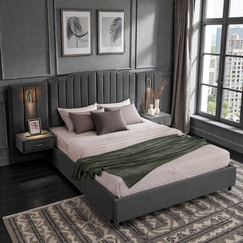 Modern Upholstered Bed Frame with Velvet Headboard, Vertical Channel Button Design, Integrated Nightstand, Platform Support