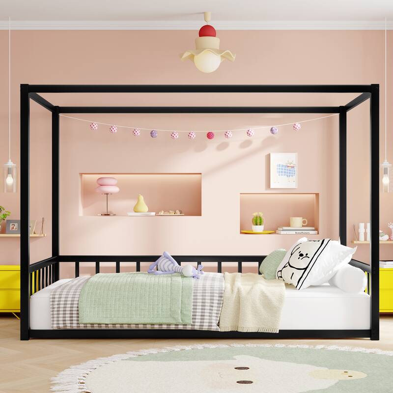 Queen Size Modern Floor Bed Frame with Canopy Structure and Full Guardrails, Low-Profile Metal Platform Bed - Twin Black - Twin