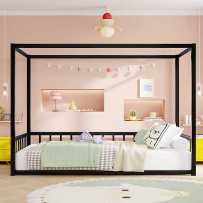 Twin Size Sunshade Floor Bed, Iron Double-Size Bed Frame,Equipped With Fence-Style Guardrails
