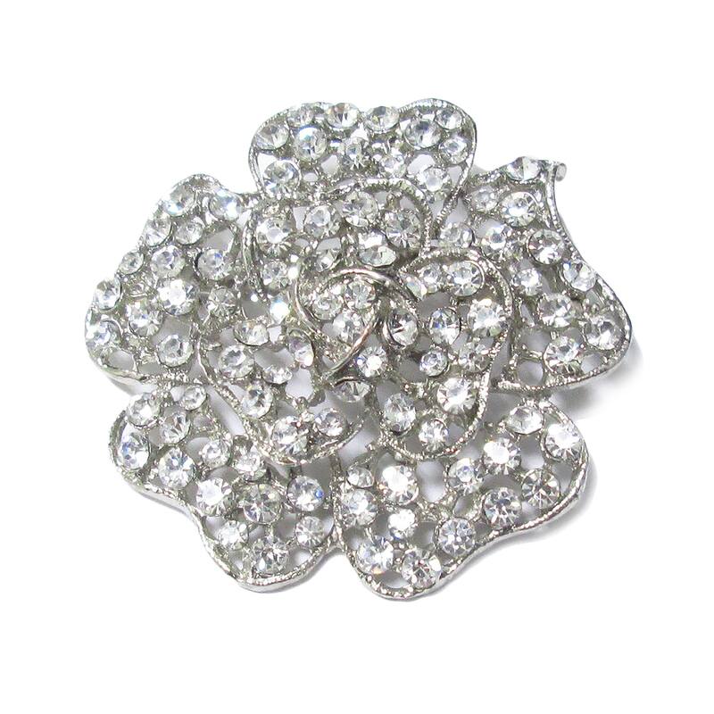 Set of 2 Silver Rose Crystal Rhinestone Brooch Pin Decorative Accent Piece 2.25in - 2.25" H x 2.25" W x 0.5" DP - 2.25" H x 2.25" W x 0.5" DP - Crystal Silver