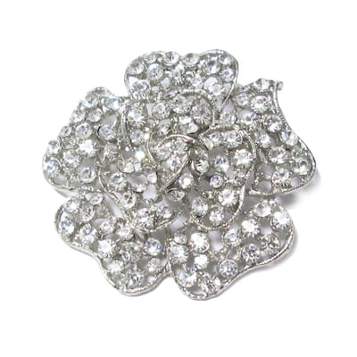 Set of 2 Silver Rose Crystal Rhinestone Brooch Pin Decorative Accent Piece 2.25in - 2.25" H x 2.25" W x 0.5" DP