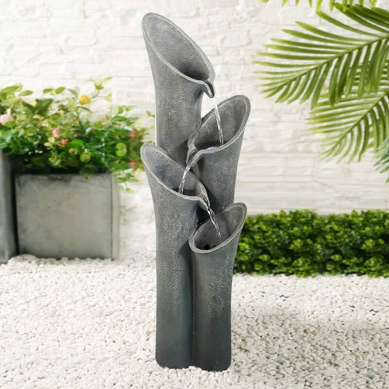 33 1/2-inch High Curved Cascading Outdoor Water Fountain w/LED Lights