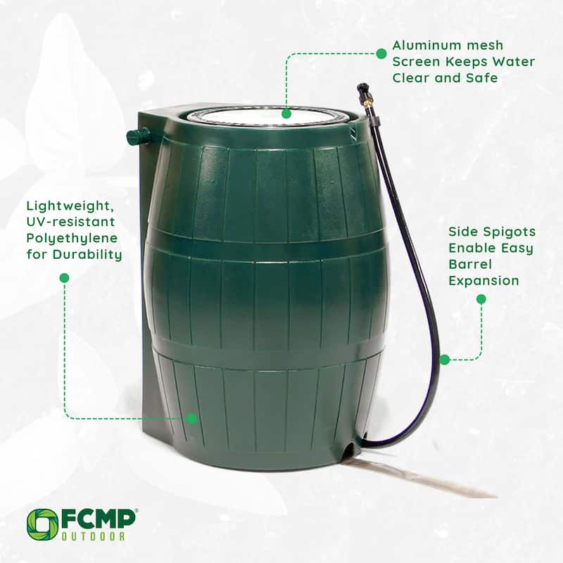 FCMP Outdoor RC4000 50 Gallon Outdoor Rain Water Catcher Barrel Container, Green - 20