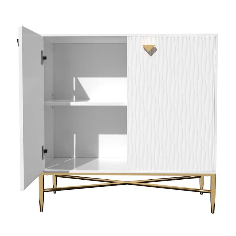 Gloss Door Cabinet-Gold Spindle Legs And Triangular Handles 2 Door White Locker Accent Cabinet
