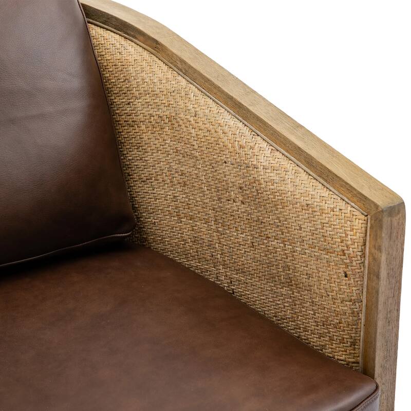 Swivel Barrel Chair with Rattan Design, Leather Accent Sofa Chair, Club Chair with Pillow, Leisure Arm Chair for Living Room
