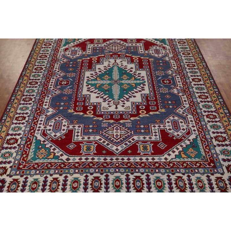 Geometric Kazak Area Rug Hand-Knotted Blue Oriental Wool Carpet - 8'10" x 11'8"