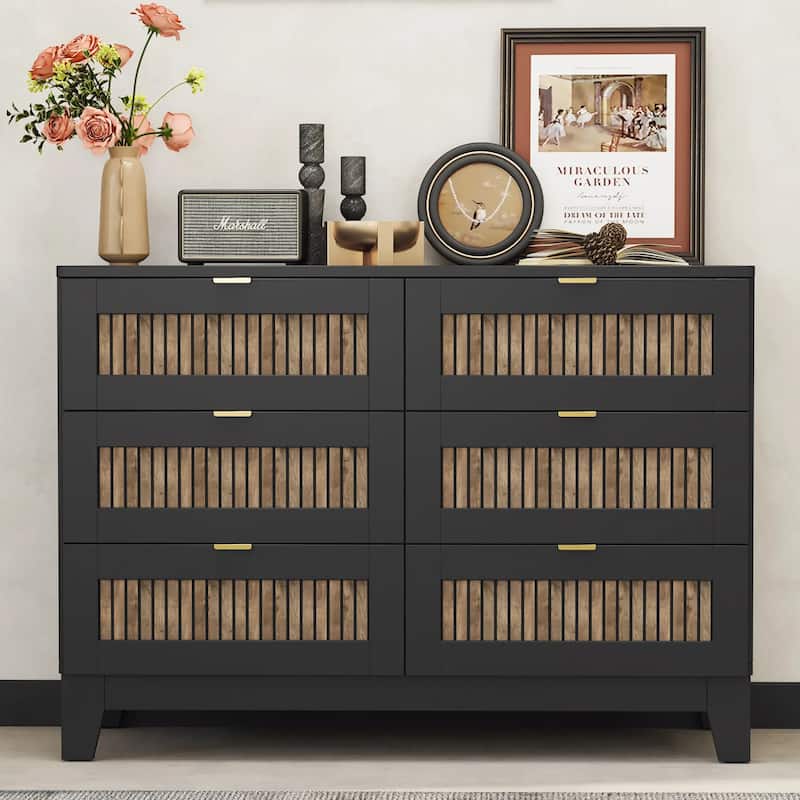 Rustic Farmhouse Style Wooden Dresser Bedroom Storage Cabinet with 6 Drawer Handles, for Bedroom, White - Black