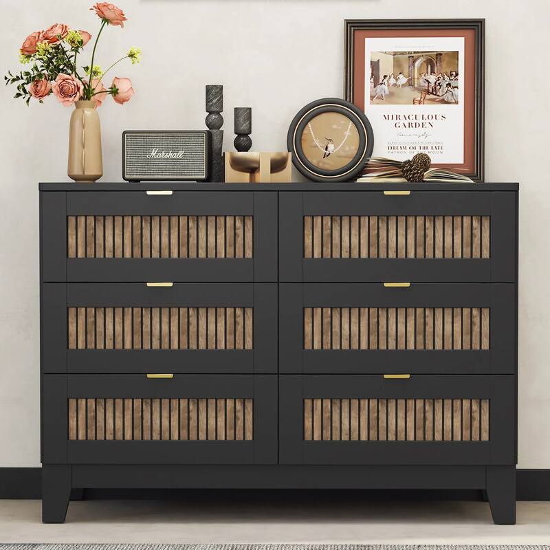 Rustic Farmhouse Style Wooden Dresser with 6 Drawers, Storage Cabinet for Bedroom with Metal Handles - Black