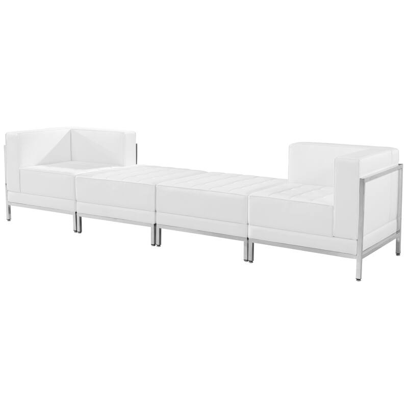 LeatherSoft 4 Piece Modular Chair & Ottoman Set w/Taut Back &Seat - 113"W x 28"D x 27.25"H - 113"W x 28"D x 27.25"H - White