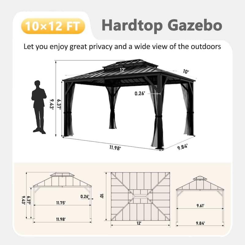 VEIKOUS Aluminum Double Hardtop Gazebo Pergola for Patio, Lawn, and Garden with Removable Netting
