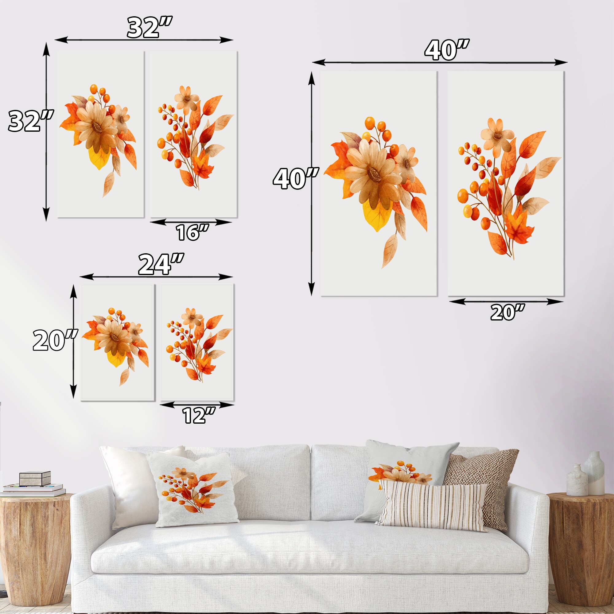 Designart 'Orange Botanical Leaves And Flower I' Abstract Set of 2