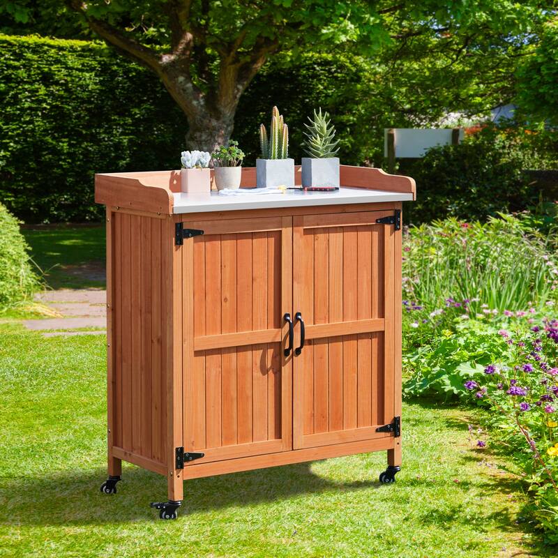 Yaheetech Garden Potting Bench Table Wooden Storage Cabinet - Brown