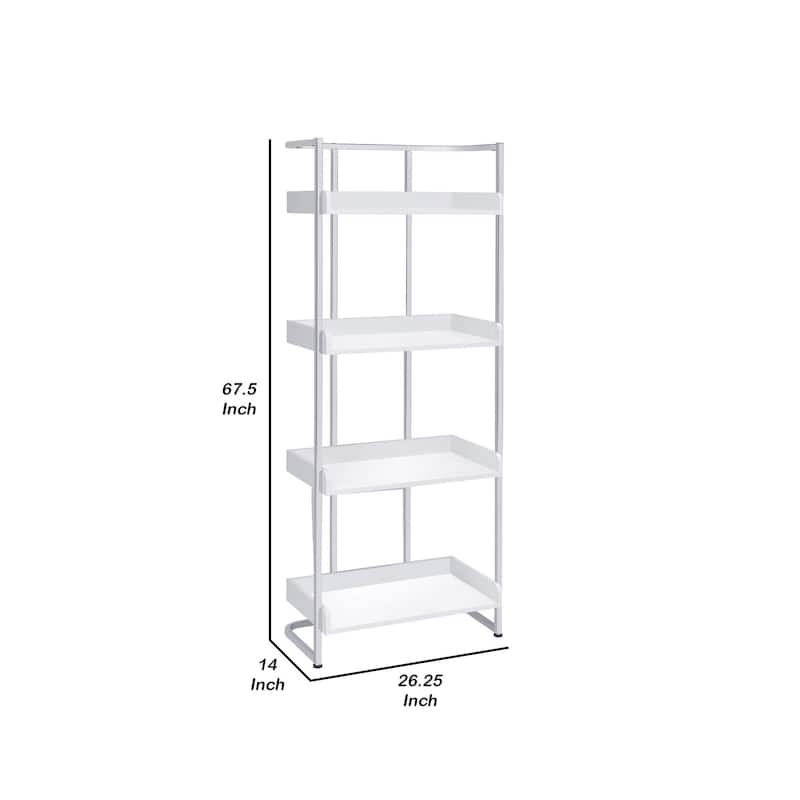 68 Inch Modern Bookcase, 4 Glossy White Tray Shelves, Chrome Steel Frame