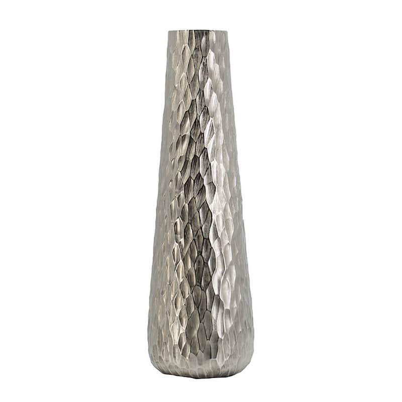 23 Inch Tall Oblong Vase, Diamond Textured, Tapered, Aluminum and Silver