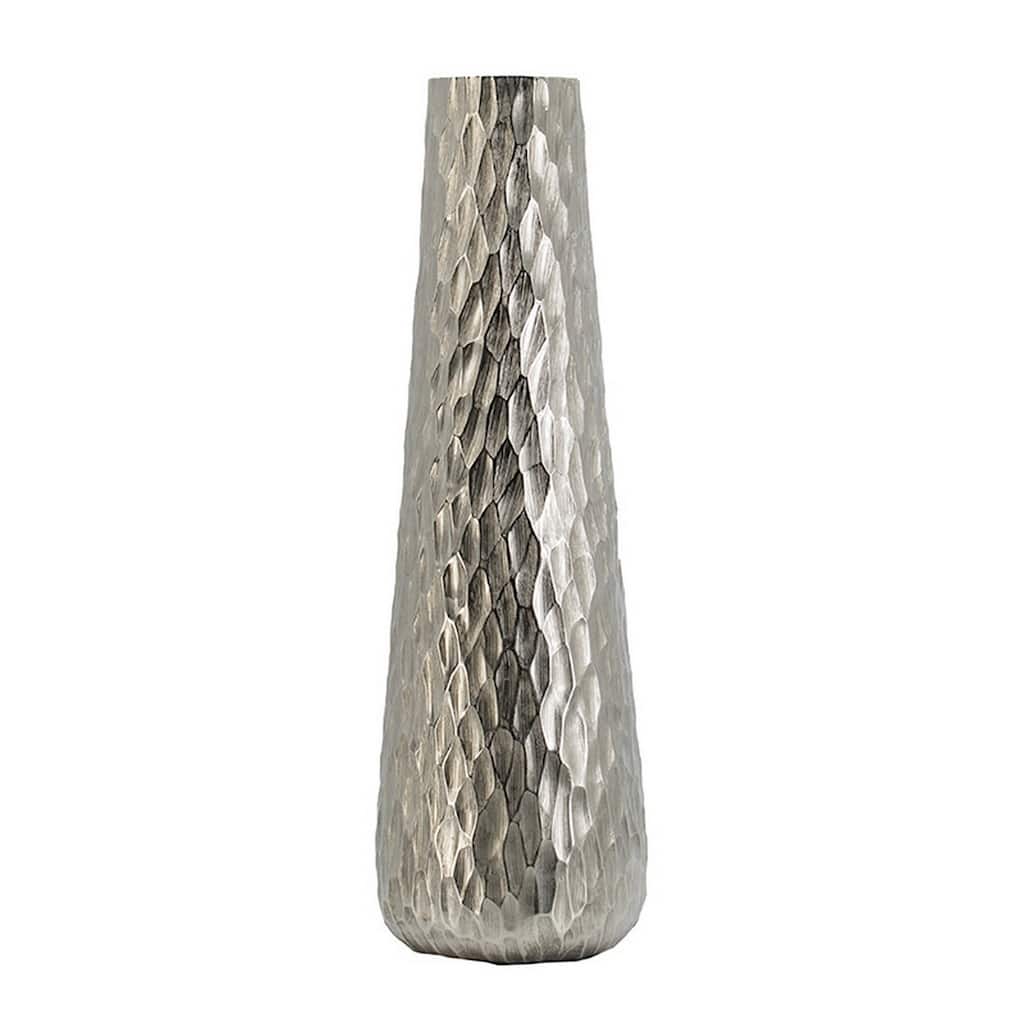 23 Inch Tall Oblong Vase, Diamond Textured, Tapered, Aluminum and Silver
