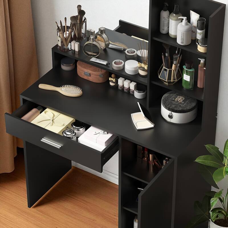 Makeup Vanity Table with Adjustable Lighting, Oversized Drawer, 3 Shelves and Cabinet Storage
