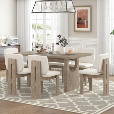 Vintage 7-Piece Dining Set, Rectangular Table with Trestle Base & 6 Upholstered Chairs