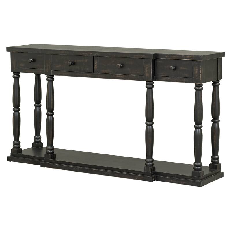 Retro Console Table with 4 Drawers and Floor Shelf