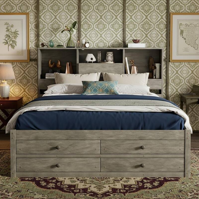 Platform Bed with Storage Headboard and 8 Spacious Drawers by Harper&Bright Designs - Grey - Queen