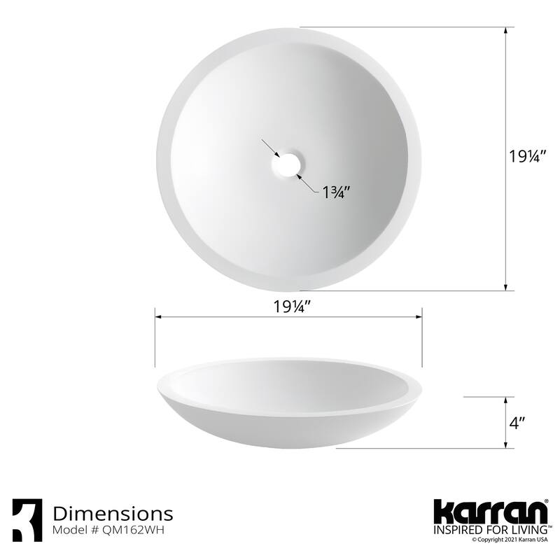 Karran Quattro Matte White Acrylic 19 in. Round Bathroom Vessel Sink with Faucet and drain in Stainless Steel