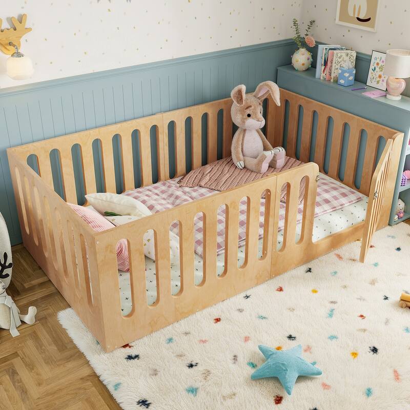 Twin Size Floor Bed with High Fence for Kids, Solid Wood Kids Montessori Bed with Door, No Box Spring Needed Design - Natural
