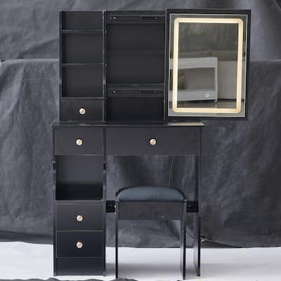 Dressing Table Stool Set with Brightness Adjustable Touch LED Mirror