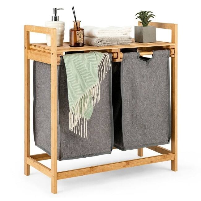 Natural Wicker 2 Bin Laundry Hamper with Removable Fabric Bags and Sliding Storage Shelf - 25"L x 13"W x 29"H