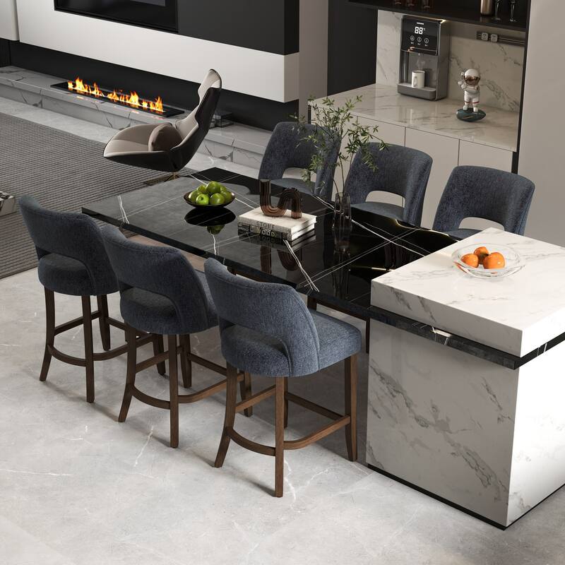Set of 2/4/6,Upholstered Counter Height Bar Stools,Modern Counter Stools with Wood Legs for Kitchen Island Dining Room Bar - Set of 6 - Dark Blue
