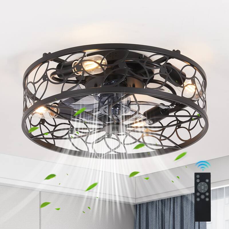 18-inch Black Vintage Caged Ceiling Fan Light - Quiet Operation, Remote Control, Industrial Style(Bulb Not Included)