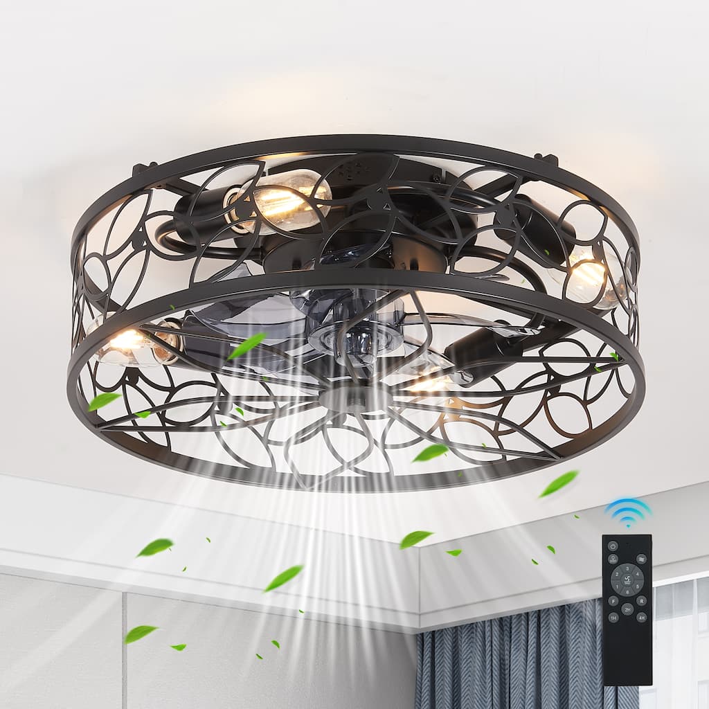 Caged 6-Speed Reversible DC Motor Ceiling Fan, Black Round Ceiling Light, Bulb Not Included - 18 Inch
