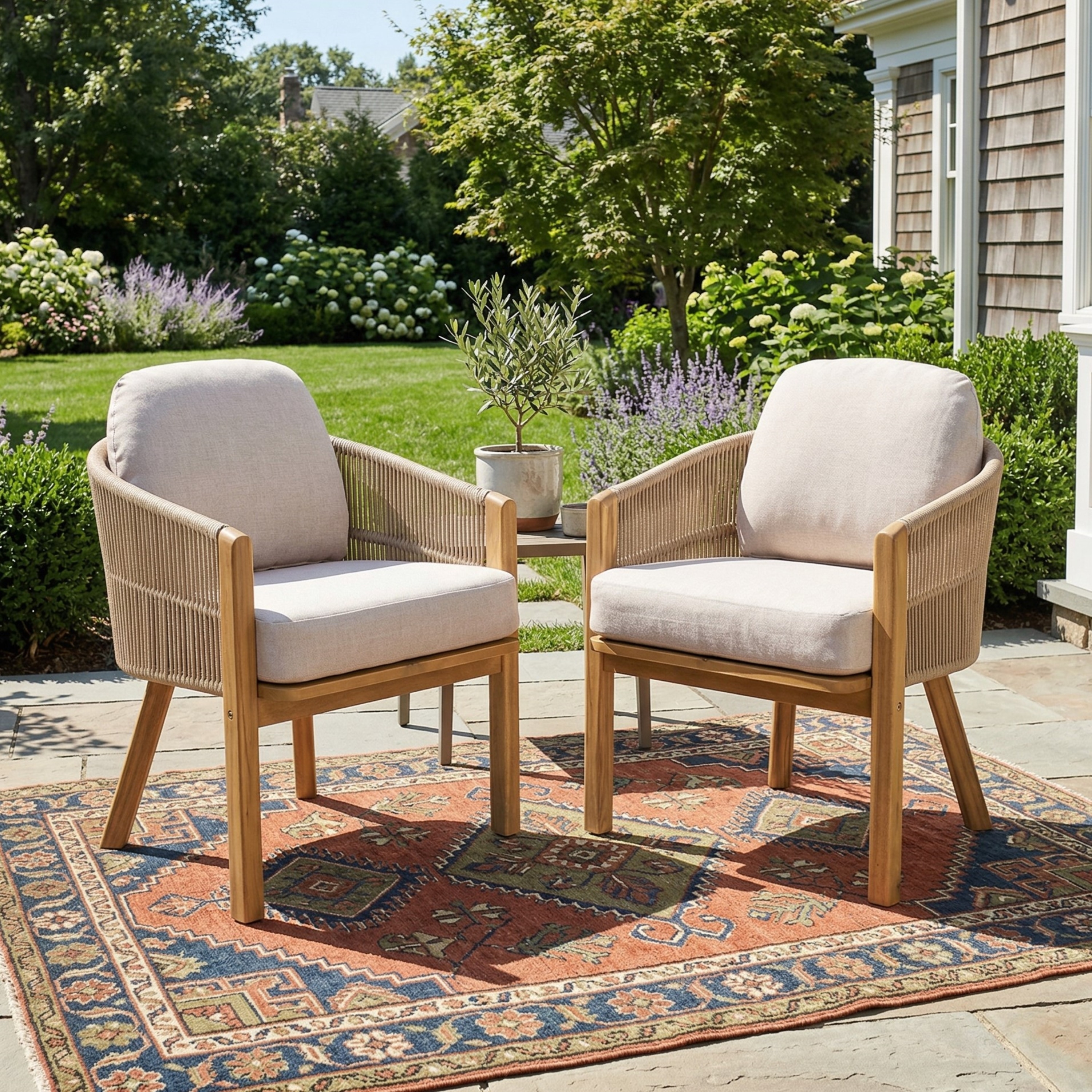 Christopher Knight Home - Eleanor Outdoor Acacia Wood and Rope Dining Chair with Curved Back and Removable Cushions (Set of 2)