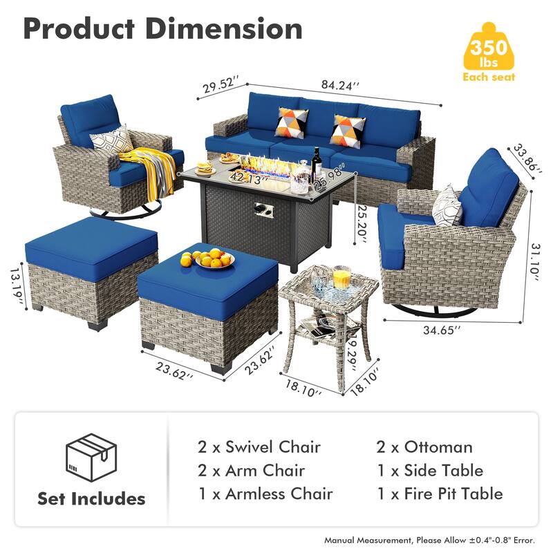 OVIOS 9 Pieces T shaped Seat Wide Armrest Swivel Chair Set With Fire Pit