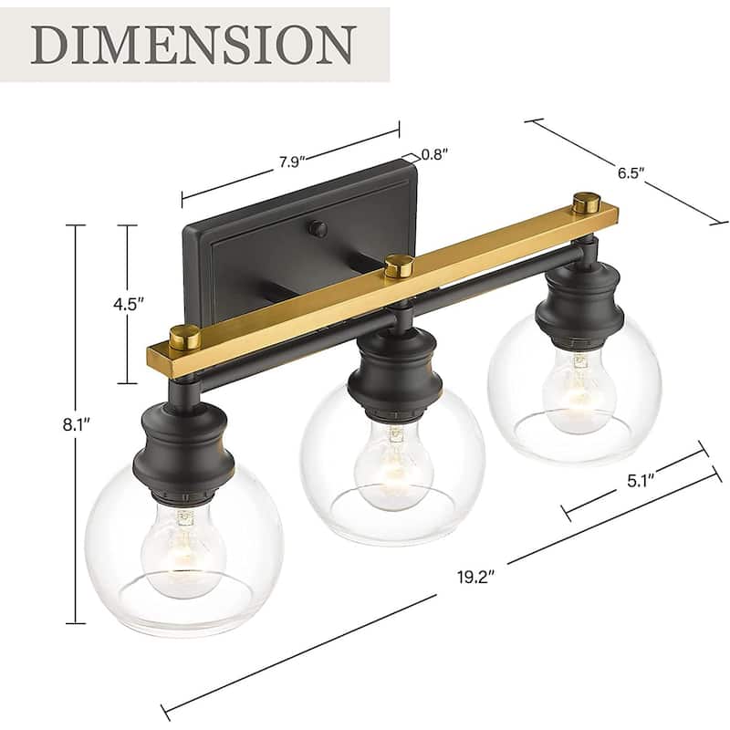 3-Light Modern Bathroom Vanity Light with Clear Globe Glass Shade,Black and Gold Finish