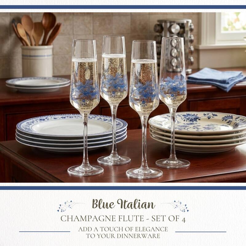 Spode Blue Set of 4 Italian Glassware Champagne Flutes - 8 oz