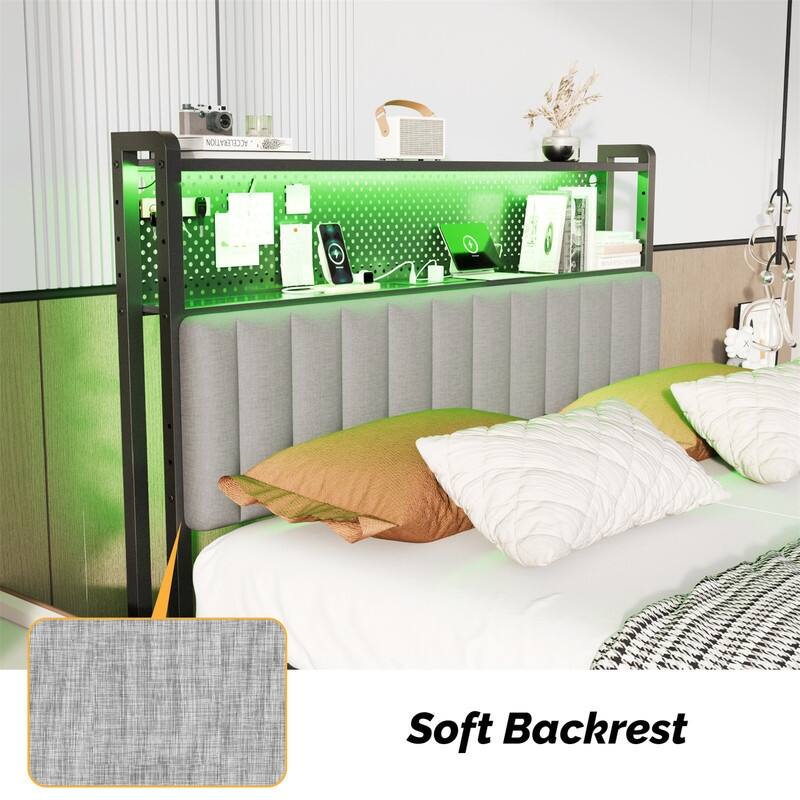 Adjustable Upholstered Headboard with 2 Tier Shelves with Charging Stations and LED Lights, Modern Bed Headboard with Storage