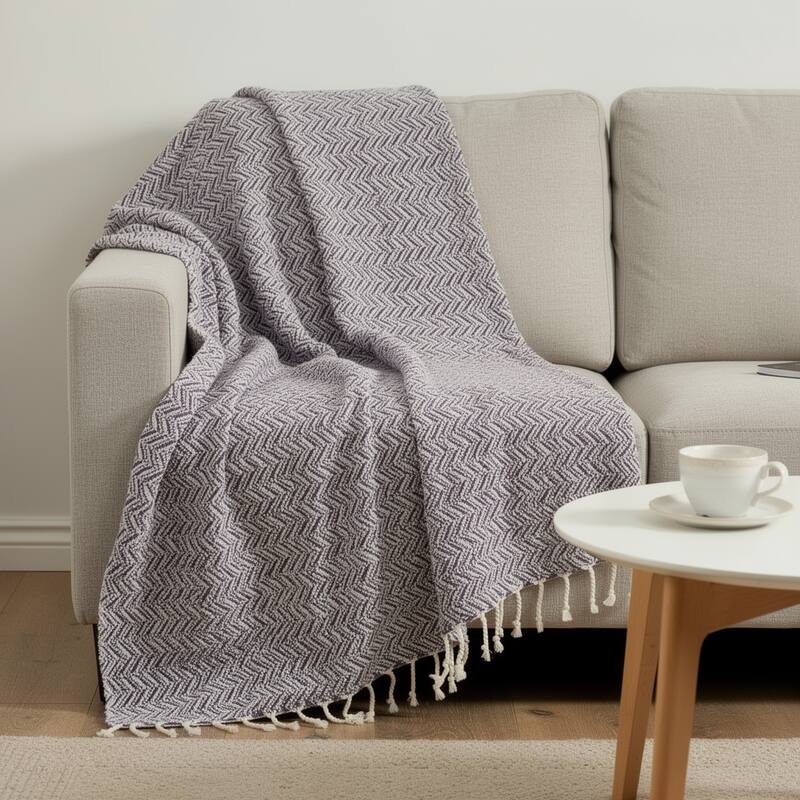 HomeRoots 50" X 60" Purple Cotton Woven Chevron Throw Blanket with Fringe - Throw - Purple