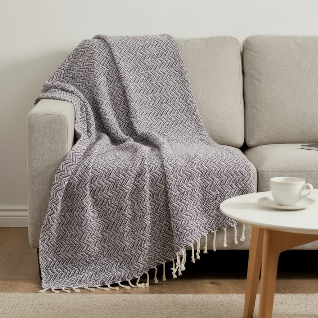 HomeRoots 50" X 60" Purple Cotton Woven Chevron Throw Blanket with Fringe