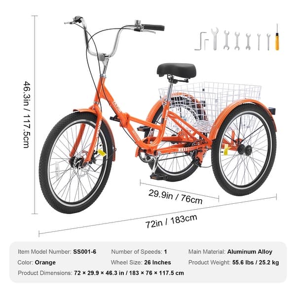 dimension image slide 2 of 4, VEVOR Folding Adult Tricycle, with Large Rear Basket, Shopping Picnic Foldable Tricycles for Adults, Women, Men, Seniors