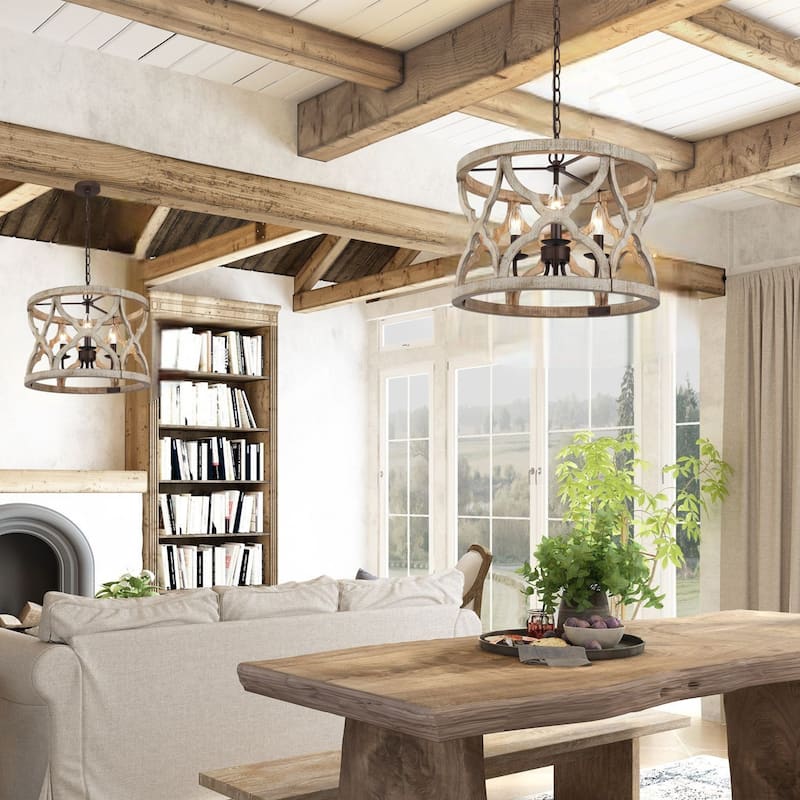 Woodly Modern Farmhouse 3-Light Drum Wood Chandelier Light for Dining Room - 16" D x 13.5" H