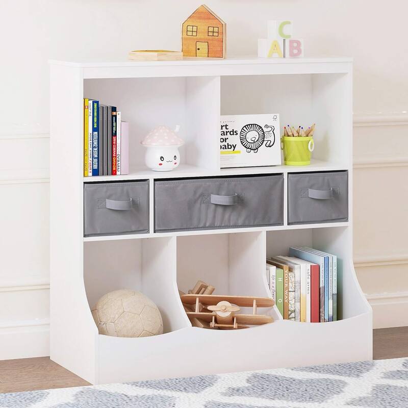COSTARS Toy Storage Organizer with Bookcase, Kid’s Bin Storage Unit with 8 Compartments &3 Baskets, Toys Box - White