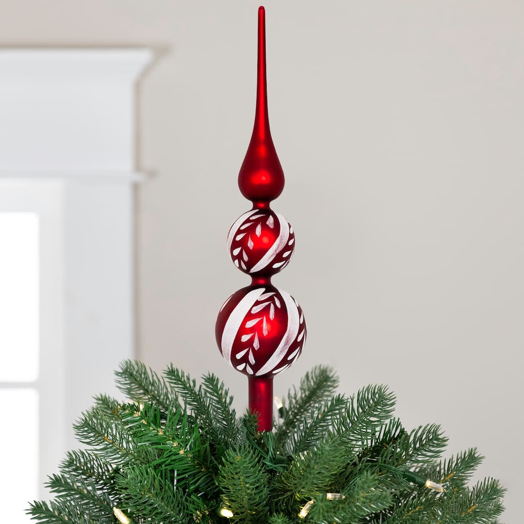 Iridescent Glitter Glass Finial Christmas Tree Topper 14.75" Red White