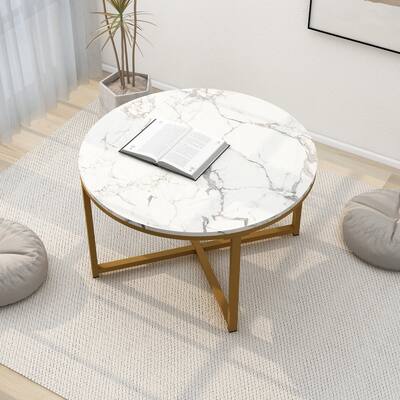Alazyhome Modern White Marble Glass Round Coffee Table, Metal Frame