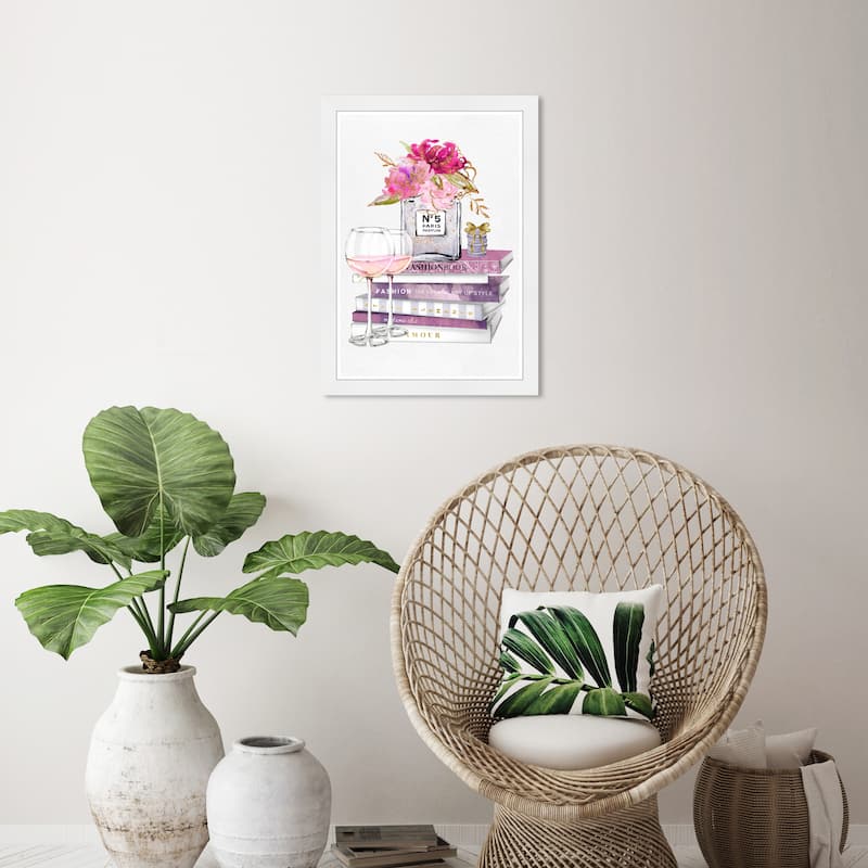 Wynwood Studio Prints Fashion and Glam Books and Wine Print Pink and Glam Wall Art Canvas Print - White