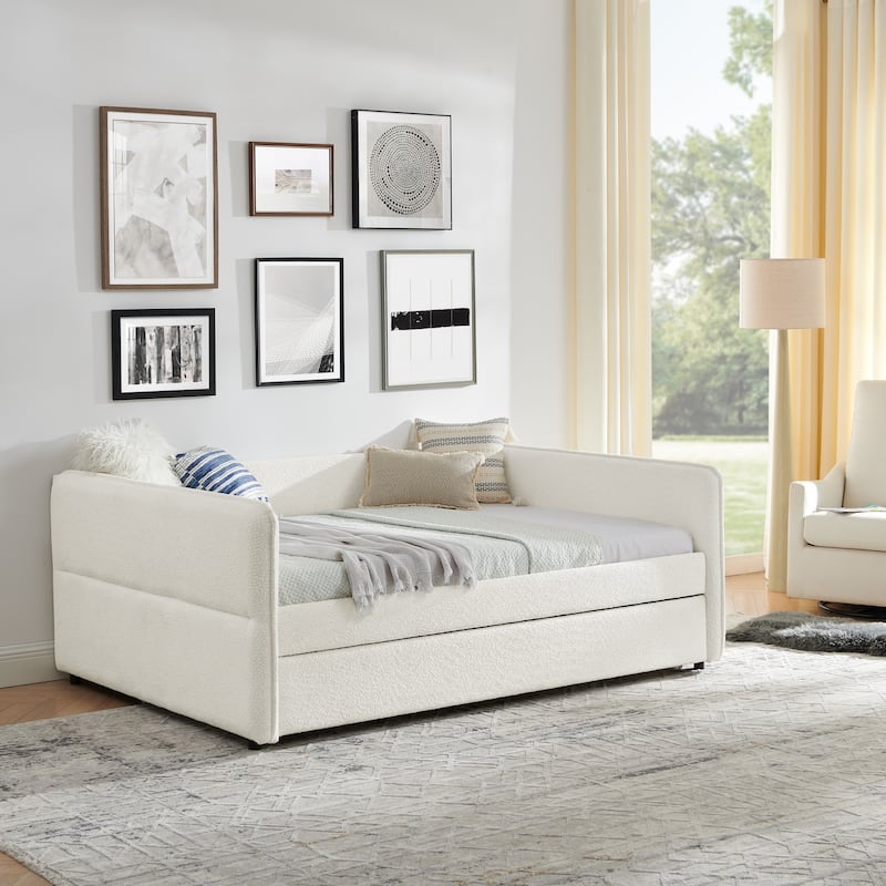 Daybed with Trundle Upholstered Tufted Sofa Bed, Full Size, Boucle Fabric, Beige(83"x58.5"x29.5")